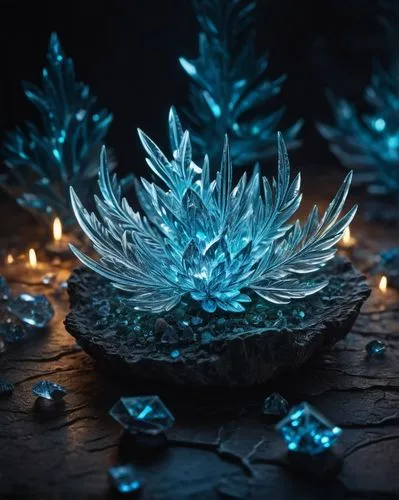 water lily plate,ice crystal,ice flowers,tealight,blue snowflake,crystalize,Photography,General,Fantasy