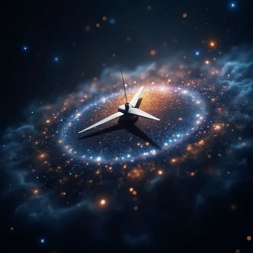 A wall clock floats in the darkness of space. The hands, thin beams of light, point to the hours marked by shimmering planets and galaxies. Each planet, precisely placed, emits a soft glow, while the 