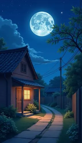 moonlit night,night scene,lonely house,my neighbor totoro,night image,cartoon video game background