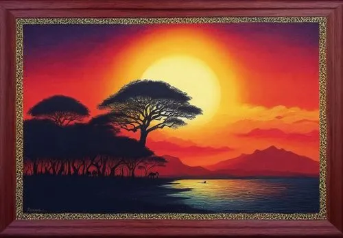 sunset at africa,oil painting on canvas,art painting,oil painting,volcanic landscape,landscape background,duncanson,an island far away landscape,photo painting,african art,red sun,khokhloma painting,k