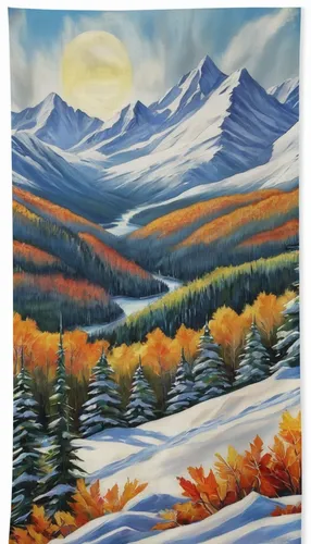 Mountains Landscape Forest Snow Sunshine View Vista Wilderness Ski Hike Autumn Winter Round Beach Towel featuring the painting In The Mountains by Mary Lou McCambridge,salt meadow landscape,fall lands