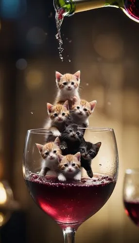 A cluster of micro-cats diving in a glass of wine,wine cocktail,merlot wine,grape catnip,port wine,pink trumpet wine,raspberry cocktail,pinot noir,sangria,cocktail garnish,mulled claret,wine raspberry