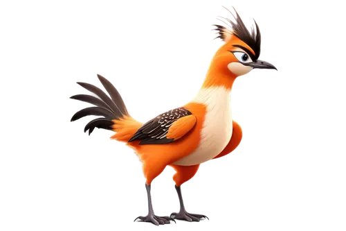 Road Runner logo, cartoonish style, bright orange body, speedy pose, dynamic movement, fluffy tail, beak open, energetic expression, shiny eyes, bold black outline, 3D rendering, soft gradient effect,