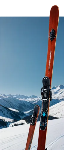 winter sports, skis, snowflakes, frosty air, shiny metallic surface, wooden handles, leather straps, adjustable bindings, snow-capped mountains, blue sky, morning sunlight, panoramic view, cinematic c