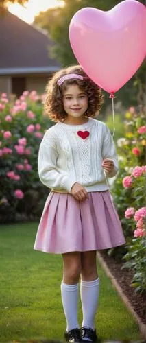 Young Nancy Wilson, sweet innocent face, bright blue eyes, curly brown hair, light freckles on nose, gentle smile, white sweater, pink skirt, knee-high socks, black Mary Janes, holding a small heart-s