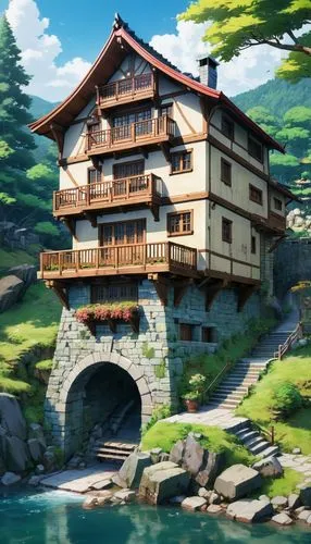 house with lake,house in mountains,butka,house in the mountains,house by the water,ghibli,Illustration,Japanese style,Japanese Style 03