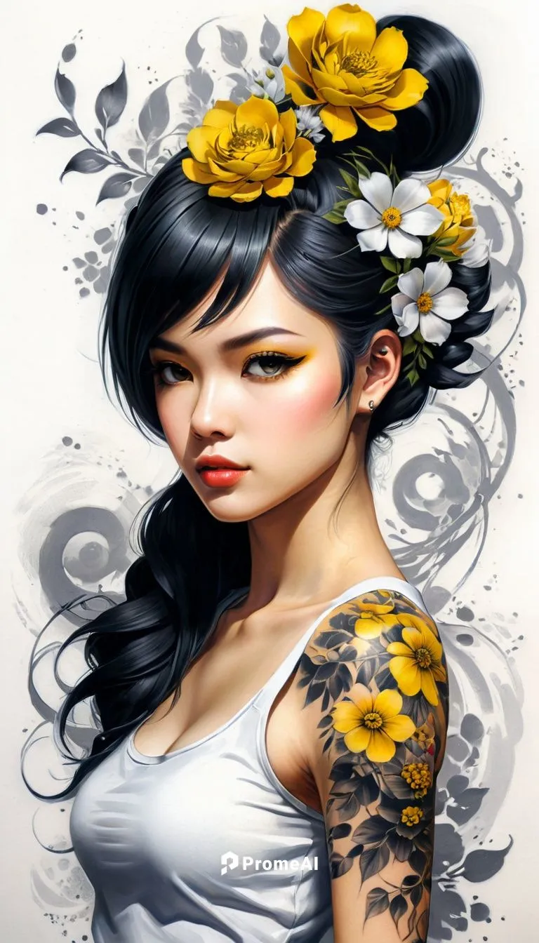 By Tun Tun,  Create tattoo design, yellow, black and white. A Beautiful jean lady, flowers, short twin tail hair. Please provide an in-depth critique of my artwork. Assess the composition, balance, an