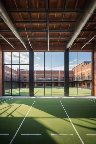 Modern charter high school, architecture and design theme, sports stadium, daytime, blue sky with fluffy white clouds, sun shining down, warm light, detailed brick walls, large windows, sleek metal fr