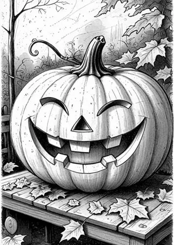 : Design Sketch-Rough Outline ,a pumpkin sitting on a table surrounded by leaves,halloween line art,halloween illustration,coloring page,coloring pages,halloween poster,calabaza,Design Sketch,Design S