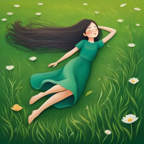 girl lying on the grass,woman laying down,girl in flowers,diwata,girl in the garden,relaxed young girl,Illustration,Abstract Fantasy,Abstract Fantasy 17