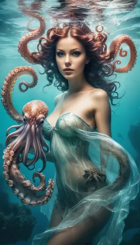 the sea maid,cephalopod,the zodiac sign pisces,octopus,cephalopods,kraken,octopus tentacles,medusa,nautilus,under sea,merfolk,undersea,cnidaria,deep sea,mermaid background,tentacles,pink octopus,underwater background,sea star,tentacle,Photography,Artistic Photography,Artistic Photography 07