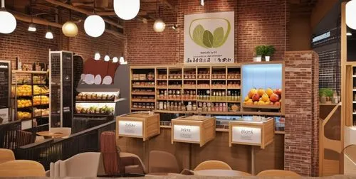 Design a food and beverage sales space based on the concept of a supermarket, with a warm and clean style, centrally located furniture filled with fruits and vegetables, indirect lighting used to crea