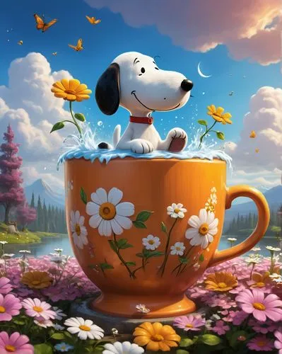 snoopy,flower animal,dog illustration,jack russel,flower background,cartoon flowers,a cup of tea,colorful daisy,teacup,flower tea,daisies,cute cartoon image,cup,beagle,jack russell,cup of cocoa,daisy flower,floral background,autumn daisy,cup of tea,Illustration,Realistic Fantasy,Realistic Fantasy 01