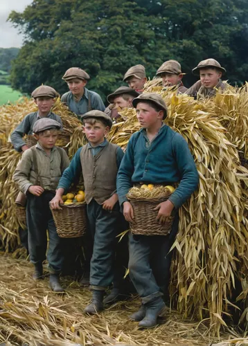 A colourised George Ellis photograph showing men and boys at the harvest near Bodmin in 1940,threshing,school children,field of cereals,child labour,boy scouts,foragers,boy's hats,straw harvest,vintag