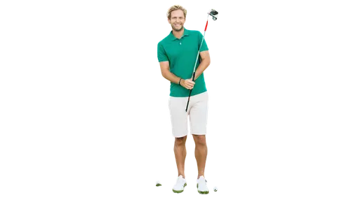 Happy golfer, male, 30s, smiling face, bright blue eyes, messy blond hair, casual wear, polo shirt, khaki shorts, white sneakers, holding golf club, standing on green grass, sunny day, soft lighting, 