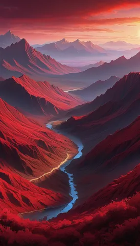 landscape red,desert landscape,mountain valleys,red earth,ravine red romania,desert desert landscape,volcanic landscape,fantasy landscape,mountain sunrise,canyon,valley of death,red cliff,mountainous landscape,mountain landscape,river landscape,the landscape of the mountains,dune landscape,jordan river valley,valley,lava river,Illustration,Realistic Fantasy,Realistic Fantasy 44