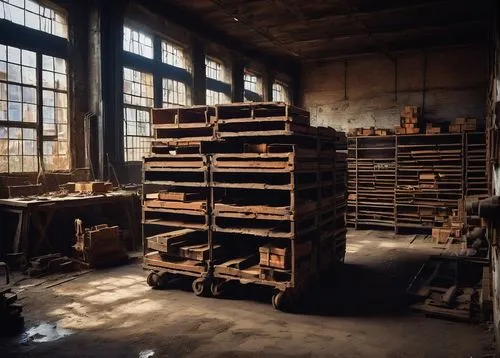 industrial interior, dimly lit, rusty metal beams, concrete floor, rows of shelving units, steel racks, cardboard boxes stacked, wooden crates, metal drums, old machinery, vintage tools, worn-out leat