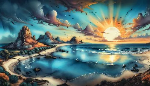 a painting of sunset with mountains on the water,fantasy landscape,cartoon video game background,fantasy picture,fantasy art,world digital painting,dreamscape,Illustration,Realistic Fantasy,Realistic 