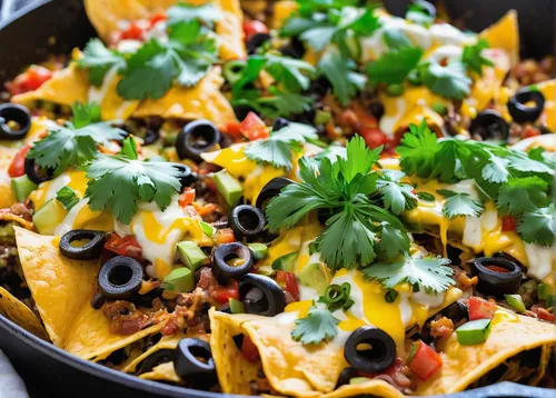 Up-close view of vegetarian nachos in a cast iron pan.,nachos,frito pie,taco soup,tex-mex food,migas,southwestern united states food,mexican mix,mexican food cheese,mexican foods,mexican blanket,macha