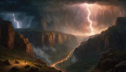 Raging, massive lightning storm in a canyon. By Caspar David Friedrich, Zdzislaw Beksinski, Justin Peters, Carr Clifton & Galen Rowell. 16K resolution, 8k resolution. Detailed landscape painting by Iv