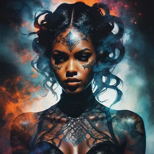 vodun,afrofuturism,niobe,ororo,binti,black queen,fantasy portrait,fantasy art,black woman,negress,voodoo woman,azealia,bodypaint,neon body painting,chandra,demoness,anansi,mystique,nebula,starfire,Illustration,Realistic Fantasy,Realistic Fantasy 23