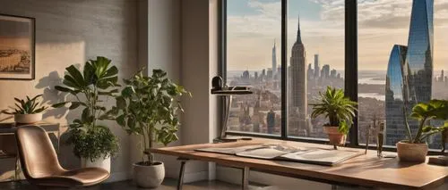 sky apartment,modern room,urban towers,manhattan skyline,city view,windowsill,urbanworld,penthouses,modern decor,new york skyline,appartement,cityview,apartment,city skyline,window view,an apartment,appartment,window sill,kimmelman,bamboo plants,Illustration,Realistic Fantasy,Realistic Fantasy 40