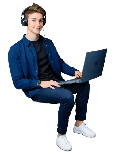 Young adult, male, tech enthusiast, casual wear, headphones, laptop, USB flash drive, audio waveforms, soundboard, minimalist background, softbox lighting, shallow depth of field, 3/4 composition, rel