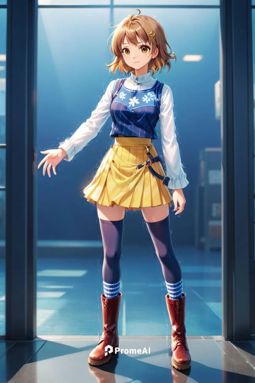 brown boots, brown eyes, short hair, yellow skirt, light brown hair, white cross pattern on the dark blue long sleeves, hairclip, breasts, dark red striped socks,chihiro,noyori,kolken,ritsuko,darjeeli