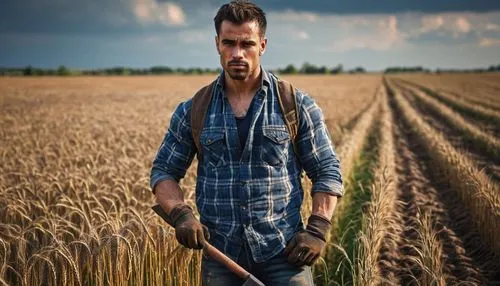 muscular man, farm worker, 30s, rugged face, strong jawline, messy brown hair, worn-out gloves, plaid shirt, ripped jeans, muddy boots, holding a rusty tool, standing in a wheat field, rural landscape