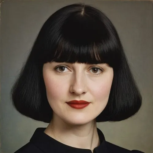 caucasian woman with bangs and long black hair dressed in formal wear ,an image of a woman with short black hair,moskvina,deschanel,portrait of christi,vintage female portrait,official portrait,portra