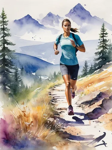 female runner,ultramarathon,long-distance running,run uphill,middle-distance running,adventure racing,trail running,cross country,free running,cross country running,runner,marathon,half-marathon,watercolor background,running,little girl running,mountain spirit,to run,racewalking,the spirit of the mountains,Illustration,Paper based,Paper Based 25