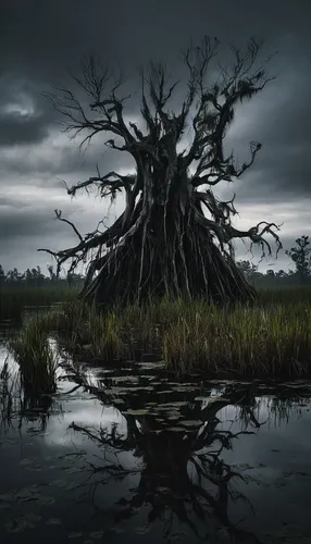 swampy landscape,the roots of the mangrove trees,bayou,everglades,isolated tree,swamp,everglades np,creepy tree,ghost forest,weeping willow,freshwater marsh,tidal marsh,the roots of trees,the ugly swamp,dragon tree,marsh,lone tree,rooted,black landscape,landscape photography,Conceptual Art,Graffiti Art,Graffiti Art 05