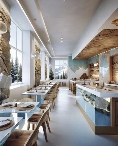 Modern Cafe Design Layout: The seating arrangement and dimensions in the main visual will be applied exactly as they are. The concept in the reference visual, transparent glacier mountain themed table