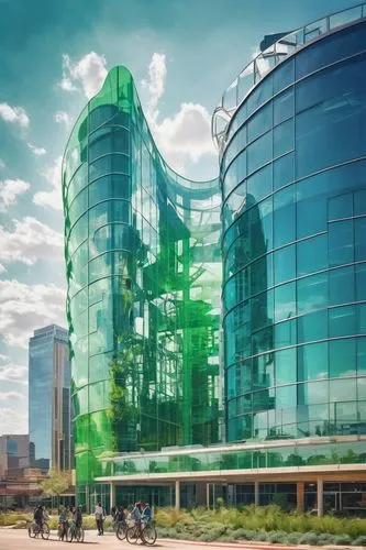 Dallas, Texas, USA, modern green building, futuristic architecture, sustainable design, glass facade, steel structure, curved lines, rooftop garden, solar panels, wind turbines, eco-friendly materials