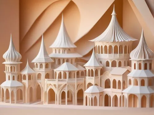 paper art,islamic architectural,minarets,roof domes,3d fantasy,basil's cathedral,tirith,maquettes,islamic lamps,spires,mosques,lowpoly,fatimids,nativity village,fantasy city,low poly,crenellations,dubailand,the laser cuts,3d model,Illustration,Realistic Fantasy,Realistic Fantasy 12