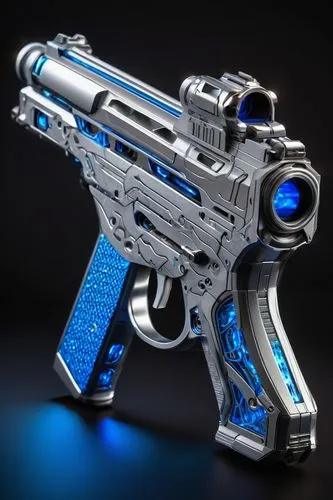 sci-fi futuristic gun, metallic silver body, glowing blue accents, intricate circuitry details, ergonomic grip, trigger finger rest, adjustable scope, holographic display, LED lights, chrome finish, m