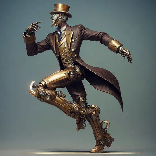 A illustration of a steam punk spy humanoid robot, ornate, in formal attire, in dynamic pose,steampunk,bronze horseman,matador,decorative nutcracker,gentleman icons,3d man,nutcracker,figure of justice