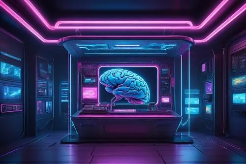 Futuristic sci-fi kiosk, sleek metal structure, glowing neon lights, holographic display, futuristic buttons and screens, wires and circuits visible underneath, surrounded by brain cells, neurons, and