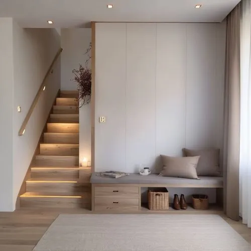 a white room with light wooden steps and rug,hallway space,mudroom,walk-in closet,wooden stairs,modern room,contemporary decor,Photography,General,Realistic