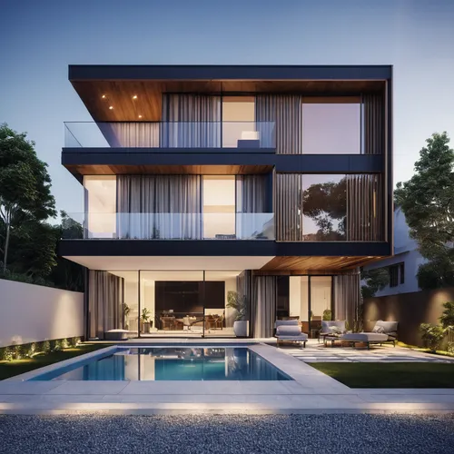 a view of a modern house ,The exterior facade color is black overall architectural design, large modern residence, contemporary house, realistic architecture, architectural visualization, exterior des