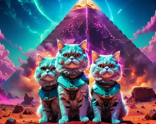 three persian cats astronauts take a selfie in front of a pyramid on mars,two cat are sitting next to each other in front of a pyramid,mogwai,sphinxes,triforce,thundercats,pussycats,thunderpuss,Concep