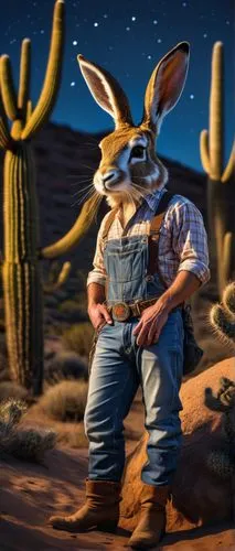 Western desert, anonymous, mysterious, jackalope, solo, standing, moonlit night, full moon, cacti, rocky terrain, sandy dunes, old worn boots, faded denim overalls, leather belt, silver buckle, cowboy