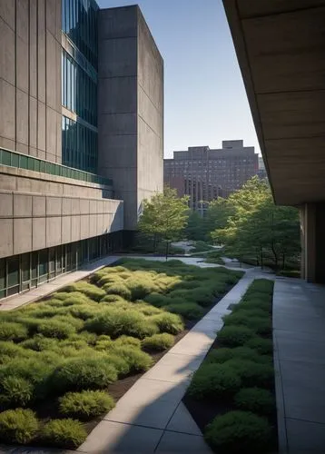 Drexel University, modern architecture, Philadelphia, brutalist style, concrete walls, angular lines, geometric shapes, green roofs, urban landscape, cityscape, morning light, soft shadows, detailed t