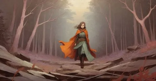 a girl is standing in the middle of the woods,red riding hood,elven forest,mirkwood,the wanderer,sorceress,melisandre,the enchantress,ballerina in the woods,seregil,little red riding hood,sci fiction 