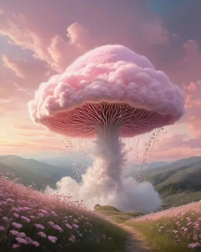 mushroom cloud,mushroom landscape,cloud mushroom,mushroom island,calbuco volcano,windbloom,touhou,fantasy landscape,cloudmont,thermonuclear,world digital painting,fukushima,fantasy picture,conocybe,situation mushroom,eruption,explode,cumulonimbus,cartoon video game background,thunderhead,Illustration,Paper based,Paper Based 16