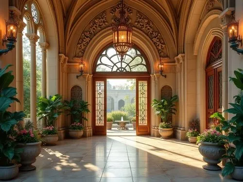 Romanesque visitor center, grand archway entrance, intricate stone carvings, heliotrope-colored accents, warm golden lighting, ornate wooden doors, Gothic-inspired windows, lush greenery, vibrant flow