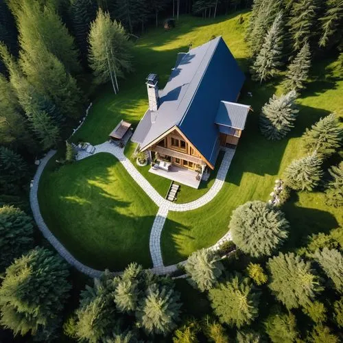 view from above,forest chapel,overhead view,from above,house in the forest,forest house,Photography,General,Realistic