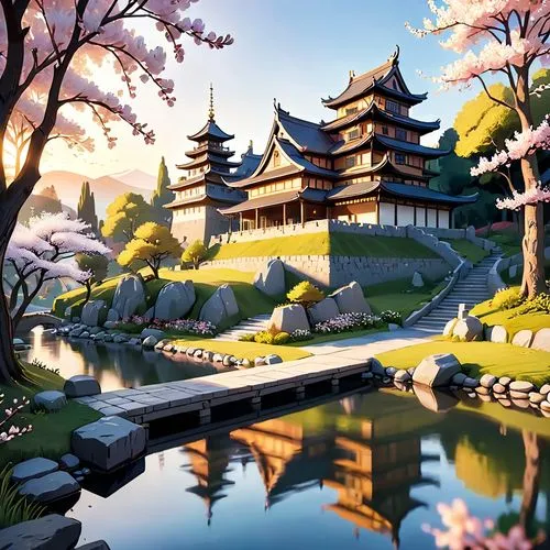 asian architecture,japan landscape,japan garden,cartoon video game background,japanese sakura background,japanese background,Anime,Anime,Cartoon