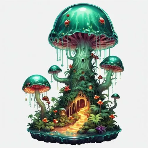 mushroom landscape,mushroom island,tree mushroom,forest mushroom,umbrella mushrooms,conocybe,Illustration,Abstract Fantasy,Abstract Fantasy 11