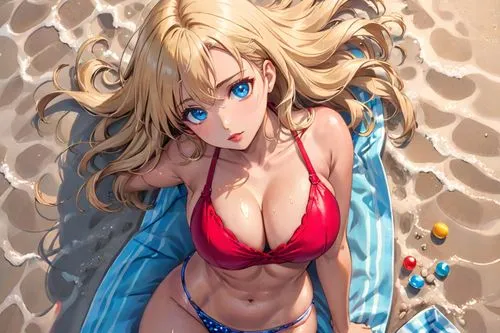 adult woman lying on sand. hands pulling off panties
photographed from above.
sensual facial expressions.
on a beach, hot and moist weather. large breasts. red skimpy bikini,
long blonde wavy hair, bl